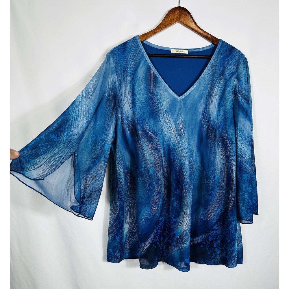 Bebonnie Womens 3/4 Flared Sleeve Mesh Overlay Top XXL Artsy Watercolor Vacation